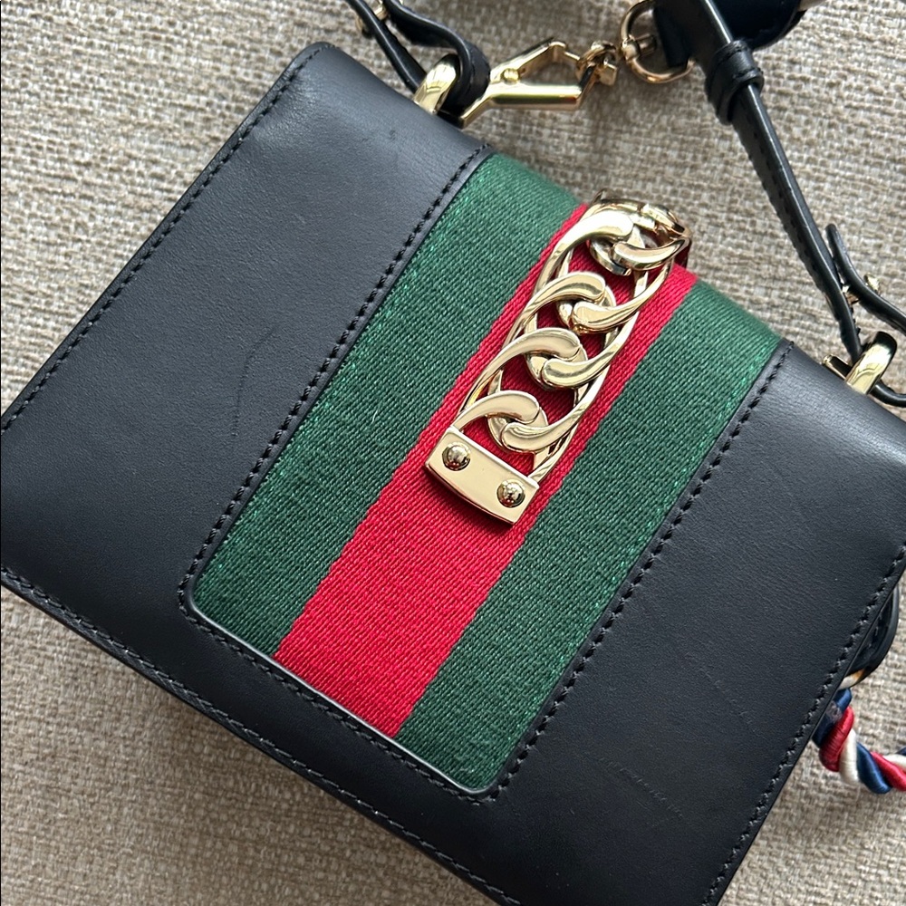 GUCCI Black Calfskin Leather Web Mini Sylvie - Picture 4 of 7
